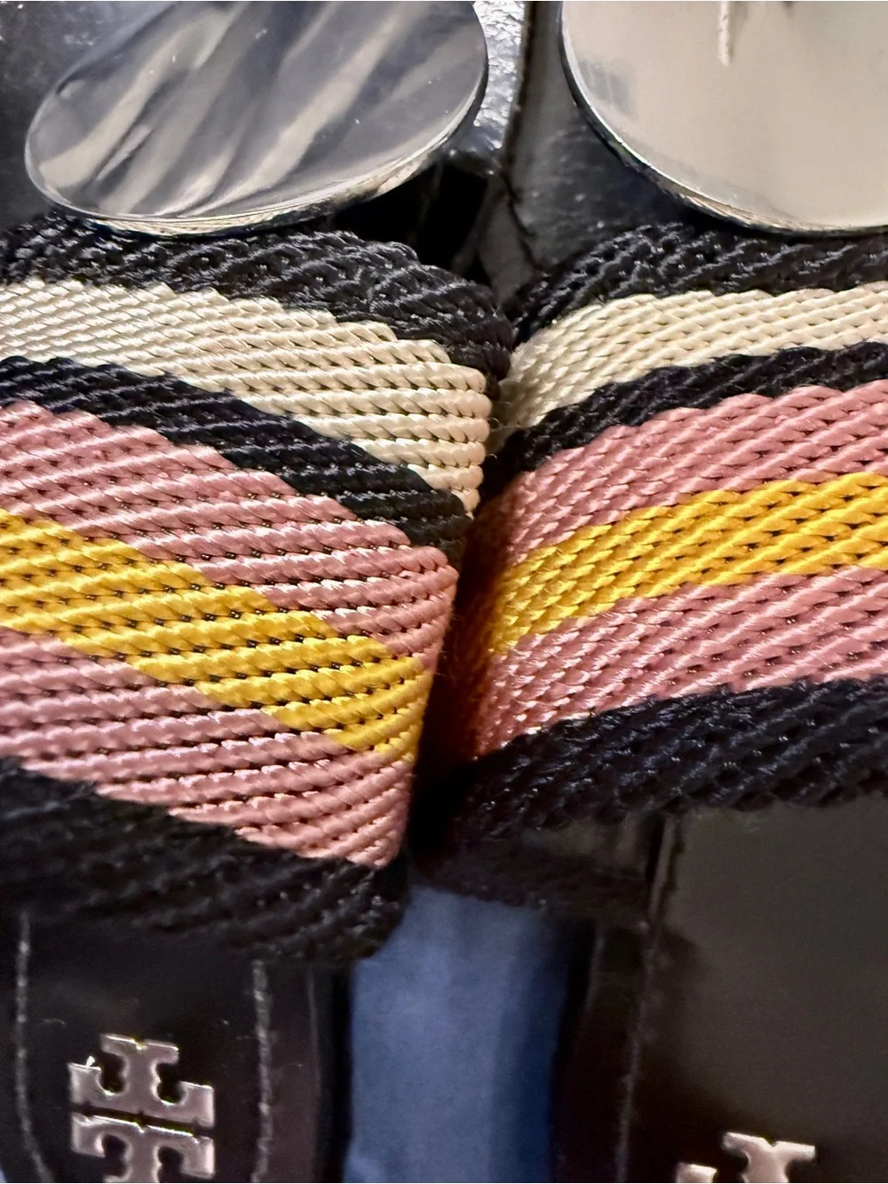 Tory Burch Multicolor Striped Leather Slide Sandals with Gold Medallion